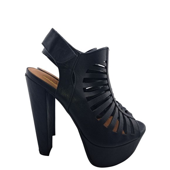 Speed Limit 98 Womens Black Peep Toe Caged Platform Chunky Heel Sandal Shoes 6.5 - Picture 1 of 11